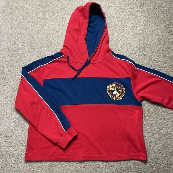 Mickey Mouse Hoodie Women XL Red Cropped Big Print Light Weight Sweater Ladies - Picture 1 of 9